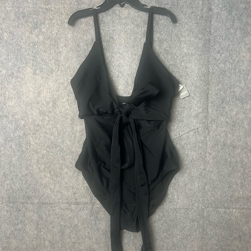 Aerie Women's Black V-Neck Spaghetti Strap Wrap‎ One-Piece Swimsuit New